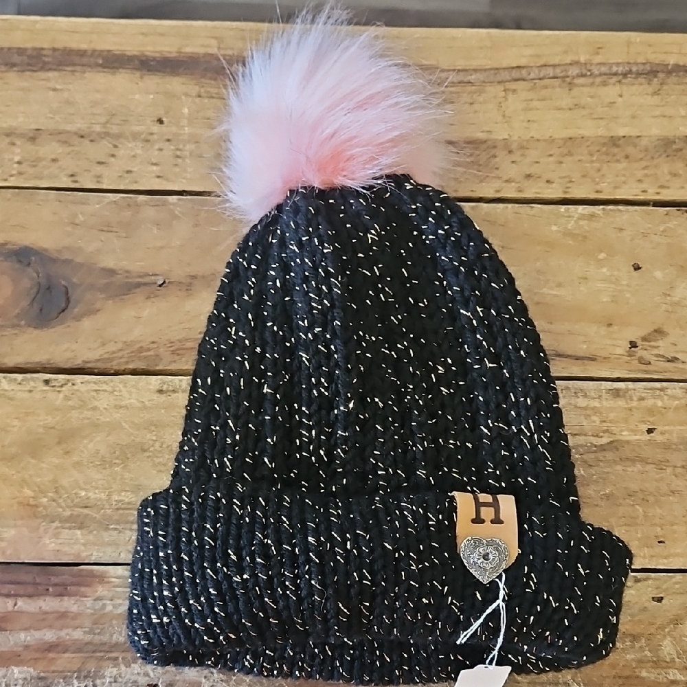 Black and Pink Knit Pom-Pom Beanie